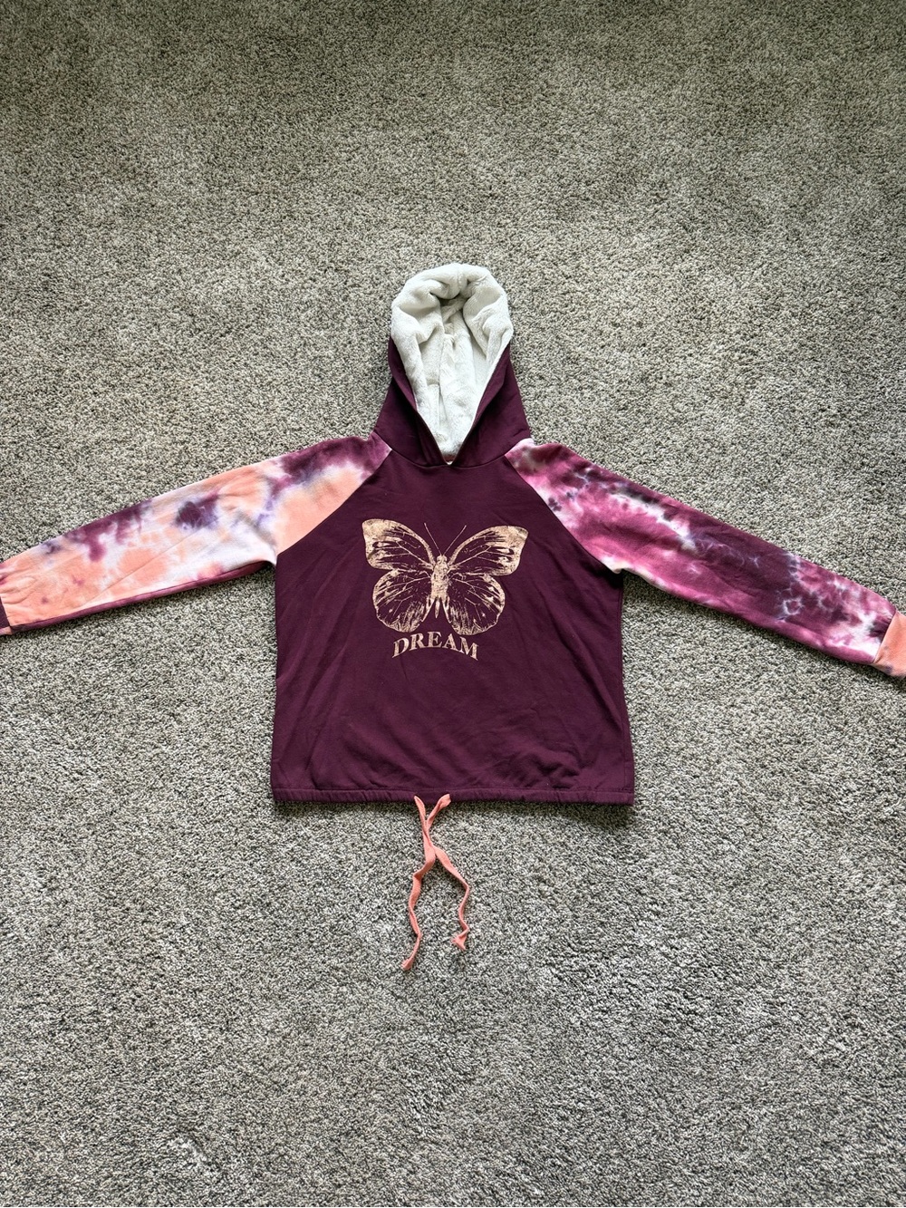 No Boundaries Maroon Hoodie with Pink Peach Tie-Dye Sleeves